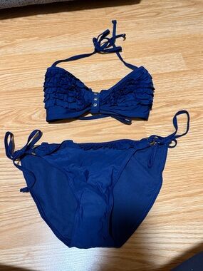 Ruffled Bandeau Bikini Set in Navy Blue